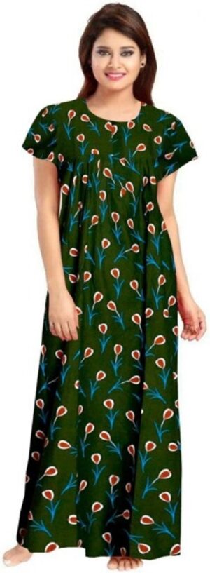 100% Cotton Nighty for Women || Long Length Printed Nighty/Maxi/Night Gown/Night Dress/Nightwear Inner & Sleepwear for Women's (Green)-DSMF069-Nighty Green