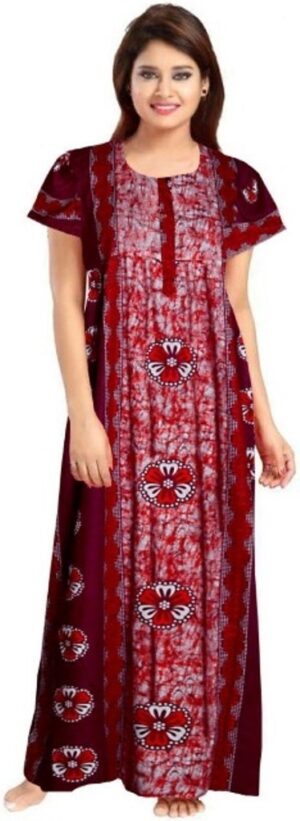 100% Cotton Nighty for Women || Long Length Printed Nighty/Maxi/Night Gown/Night Dress/Nightwear Inner & Sleepwear for Women's (Maroon)-DSMF071-Nighty Maroon