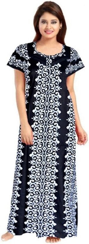 100% Cotton Nighty for Women || Long Length Printed Nighty/Maxi/Night Gown/Night Dress/Nightwear Inner & Sleepwear for Women's (Black)-DSMF073-Nighty Black