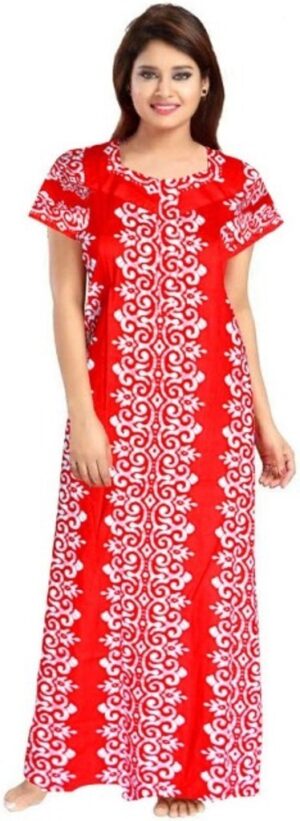 100% Cotton Nighty for Women || Long Length Printed Nighty/Maxi/Night Gown/Night Dress/Nightwear Inner & Sleepwear for Women's (Red)-DSMF075-Nighty Red