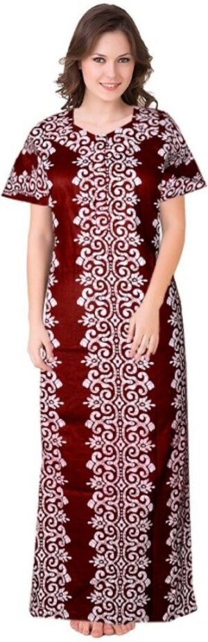 100% Cotton Nighty for Women || Long Length Printed Nighty/Maxi/Night Gown/Night Dress/Nightwear Inner & Sleepwear for Women's (Maroon)-DSMF080-Nighty Maroon