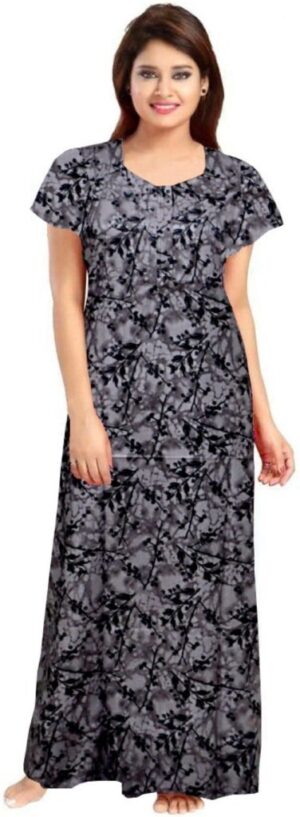 100% Cotton Nighty for Women || Long Length Printed Nighty/Maxi/Night Gown/Night Dress/Nightwear Inner & Sleepwear for Women's (Grey)-DSMF089-Nighty Grey
