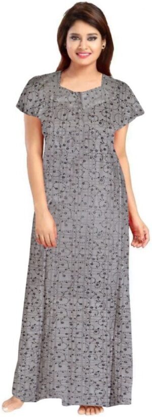 100% Cotton Nighty for Women || Long Length Printed Nighty/Maxi/Night Gown/Night Dress/Nightwear Inner & Sleepwear for Women's (Grey)-DSMF096-Nighty Grey