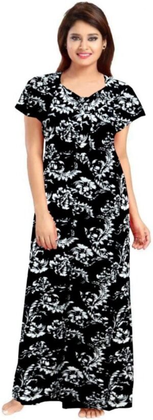 100% Cotton Nighty for Women || Long Length Printed Nighty/Maxi/Night Gown/Night Dress/Nightwear Inner & Sleepwear for Women's (Black)-DSMF103-Nighty Black