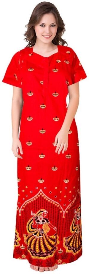 100% Cotton Nighty for Women || Long Length Printed Nighty/Maxi/Night Gown/Night Dress/Nightwear Inner & Sleepwear for Women's (Red)-DSMF109-Nighty Red
