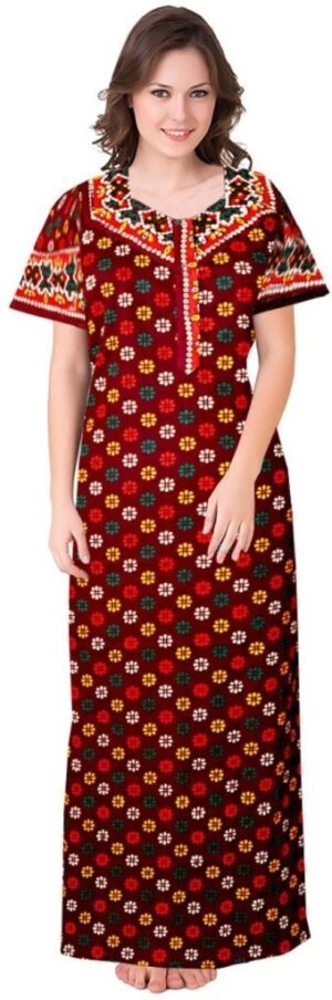 100% Cotton Nighty for Women || Long Length Printed Nighty/Maxi/Night Gown/Night Dress/Nightwear Inner & Sleepwear for Women's (Maroon)-DSMF110-Nighty Maroon
