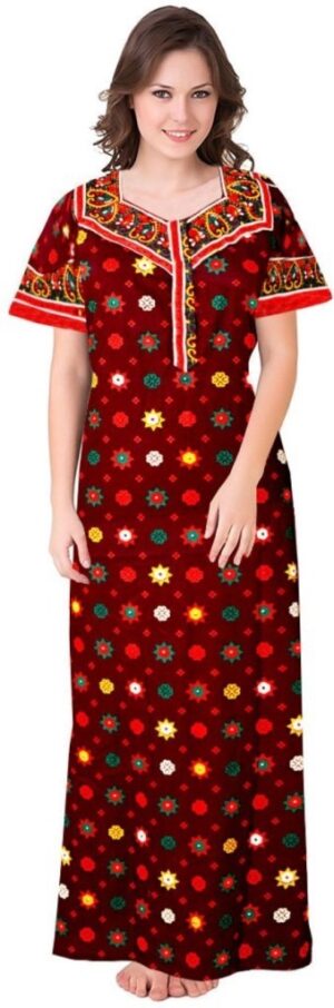 100% Cotton Nighty for Women || Long Length Printed Nighty/Maxi/Night Gown/Night Dress/Nightwear Inner & Sleepwear for Women's (Maroon)-DSMF112-Nighty Maroon