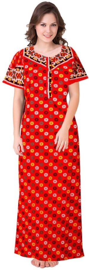 100% Cotton Nighty for Women || Long Length Printed Nighty/Maxi/Night Gown/Night Dress/Nightwear Inner & Sleepwear for Women's (Red)-DSMF113-Nighty Red