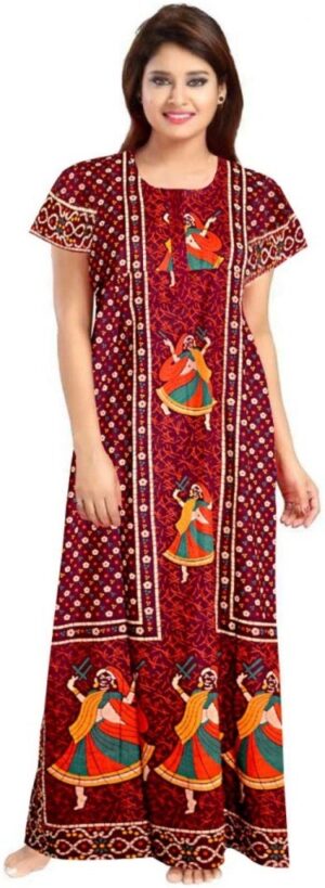 100% Cotton Nighty for Women || Long Length Printed Nighty/Maxi/Night Gown/Night Dress/Nightwear Inner & Sleepwear for Women's (Maroon)-DSMF115-Nighty Maroon