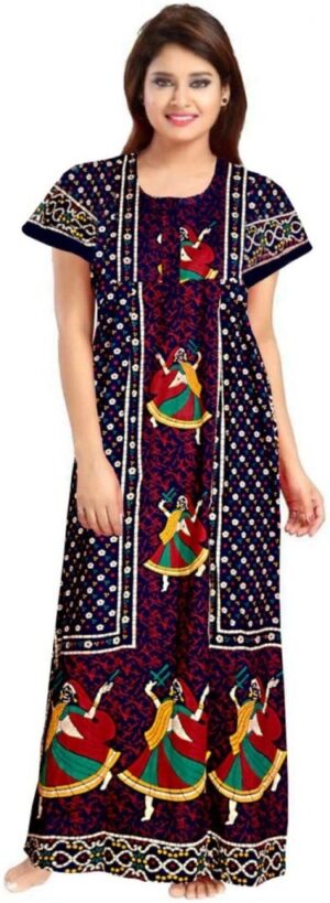 100% Cotton Nighty for Women || Long Length Printed Nighty/Maxi/Night Gown/Night Dress/Nightwear Inner & Sleepwear for Women's (Blue)-DSMF116-Nighty Blue