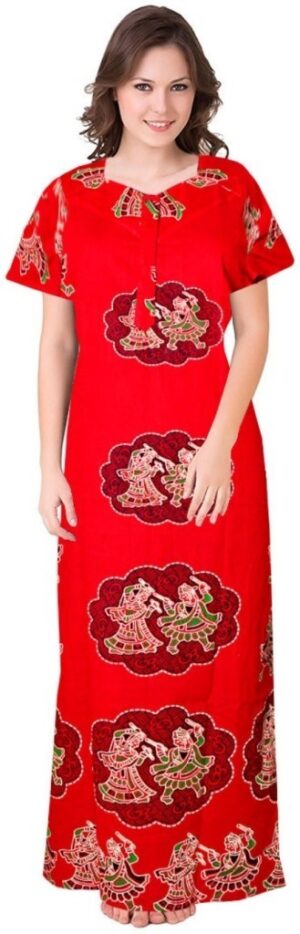100% Cotton Nighty for Women || Long Length Printed Nighty/Maxi/Night Gown/Night Dress/Nightwear Inner & Sleepwear for Women's (Red)-DSMF117-Nighty Red