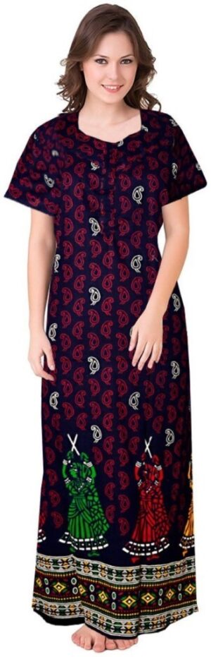 100% Cotton Nighty for Women || Long Length Printed Nighty/Maxi/Night Gown/Night Dress/Nightwear Inner & Sleepwear for Women's (Blue)-DSMF120-Nighty Blue