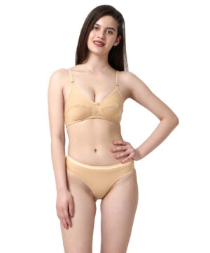 Women Cotton Full Coverage Non Padded Daily Use Bra & Pantie Lingerie Set for Women and Girls, Women Sexy Lingerie Set for Honymoon Sex Panty Set, Underwired Bridal Lace Bra and Panty Set, Swimwear Bikini Bra Panty Lingerie Set, (Beige)-DSBP001-P1_BEIGE