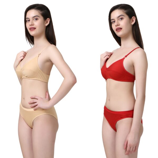 PACK OF 2 Women Cotton Full Coverage Non Padded Daily Use Bra & Pantie Lingerie Set for Women and Girls, Women Sexy Lingerie Set for Honymoon Sex Panty Set, Underwired Bridal Lace Bra and Panty Set, Swimwear Bikini Bra Panty Lingerie Set, (Beige Red)-DSBP001-P2_BEIGE RED