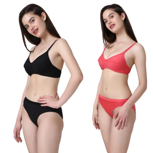 PACK OF 2 Women Cotton Full Coverage Non Padded Daily Use Bra & Pantie Lingerie Set for Women and Girls, Women Sexy Lingerie Set for Honymoon Sex Panty Set, Underwired Bridal Lace Bra and Panty Set, Swimwear Bikini Bra Panty Lingerie Set,(Black Red)-DSBP001-P2_BLACK RED