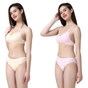 PACK OF 2 Women Cotton Full Coverage Non Padded Daily Use Bra & Pantie Lingerie Set for Women and Girls, Women Sexy Lingerie Set for Honymoon Sex Panty Set, Underwired Bridal Lace Bra and Panty Set, Swimwear Bikini Bra Panty Lingerie Set, (Cream Light-Pink)-DSBP001-P2_CREAM L-PINK