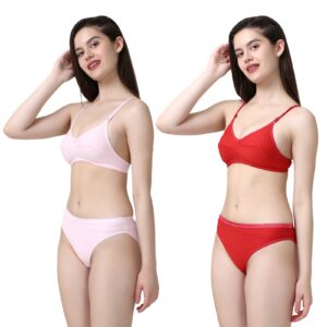 PACK OF 2 Women Cotton Full Coverage Non Padded Daily Use Bra & Pantie Lingerie Set for Women and Girls, Women Sexy Lingerie Set for Honymoon Sex Panty Set, Underwired Bridal Lace Bra and Panty Set, Swimwear Bikini Bra Panty Lingerie Set, (Light-Pink)-DSBP001-P2_L-PINK RED