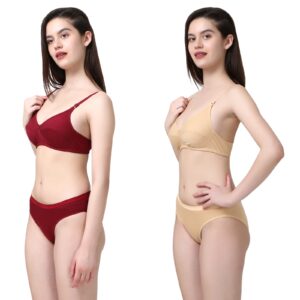 PACK OF 2 Women Cotton Full Coverage Non Padded Daily Use Bra & Pantie Lingerie Set for Women and Girls, Women Sexy Lingerie Set for Honymoon Sex Panty Set, Underwired Bridal Lace Bra and Panty Set, Swimwear Bikini Bra Panty Lingerie Set, (Maroon Beige)-DSBP001-P2_MAROON BEIGE