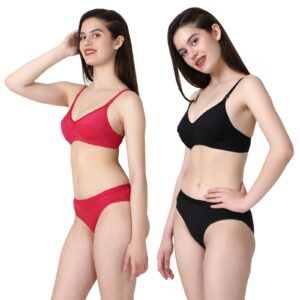 PACK OF 2 Women Cotton Full Coverage Non Padded Daily Use Bra & Pantie Lingerie Set for Women and Girls, Women Sexy Lingerie Set for Honymoon Sex Panty Set, Underwired Bridal Lace Bra and Panty Set, Swimwear Bikini Bra Panty Lingerie Set, (Pink Black)-DSBP001-P2_PINK BLACK
