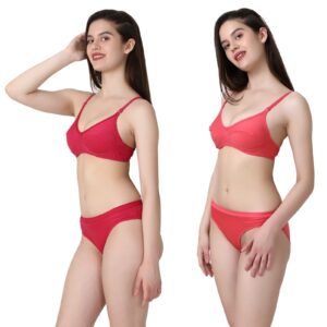 PACK OF 2 Women Cotton Full Coverage Non Padded Daily Use Bra & Pantie Lingerie Set for Women and Girls, Women Sexy Lingerie Set for Honymoon Sex Panty Set, Underwired Bridal Lace Bra and Panty Set, Swimwear Bikini Bra Panty Lingerie Set, (Pink Red)-DSBP001-P2_PINK  RED