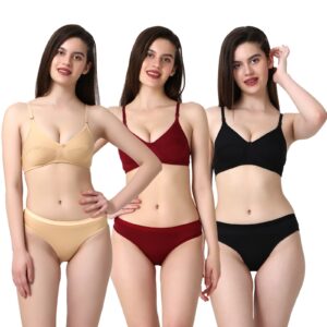 PACK OF 3 Women Cotton Full Coverage Non Padded Daily Use Bra & Pantie Lingerie Set for Women and Girls, Women Sexy Lingerie Set for Honymoon Sex Panty Set, Underwired Bridal Lace Bra and Panty Set, Swimwear Bikini Bra Panty Lingerie Set, (Beige Maroon Black)-DSBP001-P3_BEIGE MAROON BLACK
