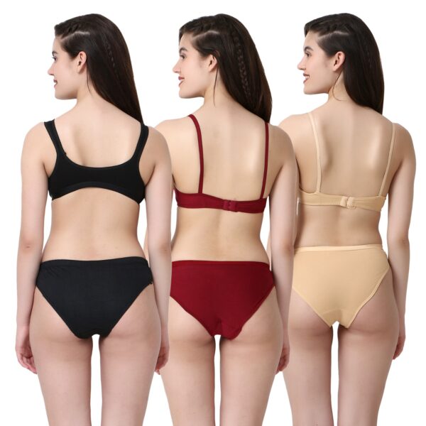 PACK OF 3 Women Cotton Full Coverage Non Padded Daily Use Bra & Pantie Lingerie Set for Women and Girls, Women Sexy Lingerie Set for Honymoon Sex Panty Set, Underwired Bridal Lace Bra and Panty Set, Swimwear Bikini Bra Panty Lingerie Set, (Beige Maroon Black)-DSBP001-P3_BEIGE MAROON BLACK - Image 2