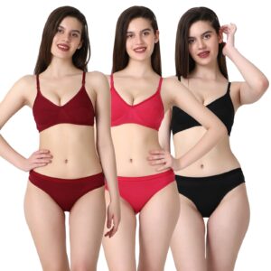 PACK OF 3 Women Cotton Full Coverage Non Padded Daily Use Bra & Pantie Lingerie Set for Women and Girls, Women Sexy Lingerie Set for Honymoon Sex Panty Set, Underwired Bridal Lace Bra and Panty Set, Swimwear Bikini Bra Panty Lingerie Set, (Maroon Red Black)-DSBP001-P3_MAROON RED BLACK
