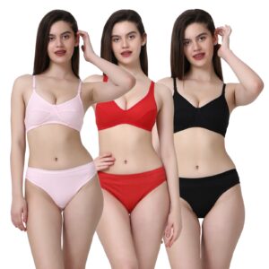 PACK OF 3 Women Cotton Full Coverage Non Padded Daily Use Bra & Pantie Lingerie Set for Women and Girls, Women Sexy Lingerie Set for Honymoon Sex Panty Set, Underwired Bridal Lace Bra and Panty Set, Swimwear Bikini Bra Panty Lingerie Set, (Light-Pink Red Black)-DSBP001-P3_L-PINK RED BLACK