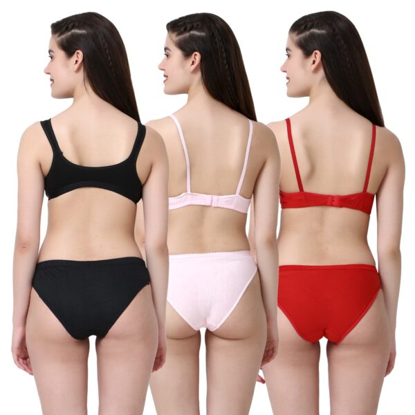 PACK OF 3 Women Cotton Full Coverage Non Padded Daily Use Bra & Pantie Lingerie Set for Women and Girls, Women Sexy Lingerie Set for Honymoon Sex Panty Set, Underwired Bridal Lace Bra and Panty Set, Swimwear Bikini Bra Panty Lingerie Set, (Light-Pink Red Black)-DSBP001-P3_L-PINK RED BLACK - Image 2