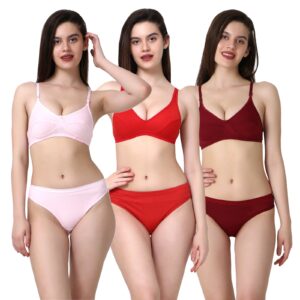 PACK OF 3 Women Cotton Full Coverage Non Padded Daily Use Bra & Pantie Lingerie Set for Women and Girls, Women Sexy Lingerie Set for Honymoon Sex Panty Set, Underwired Bridal Lace Bra and Panty Set, Swimwear Bikini Bra Panty Lingerie Set, (Pink Red Maroon)-DSBP001-P3_PINK RED MAROON
