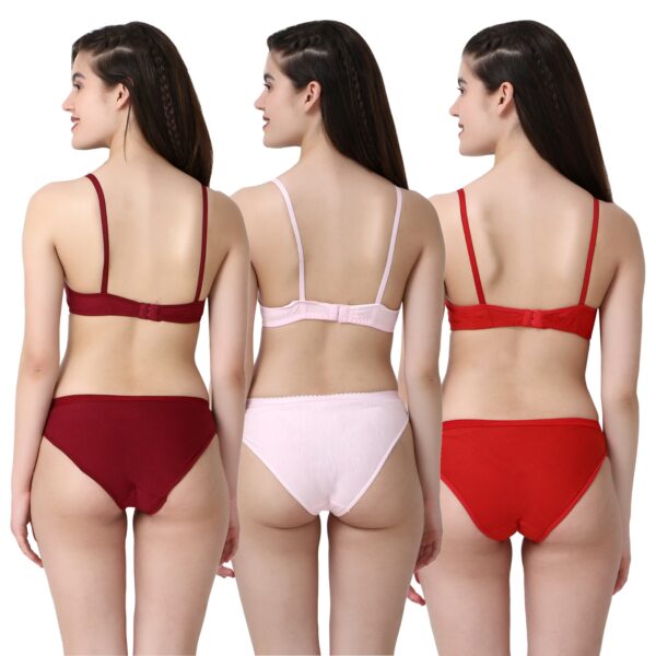 PACK OF 3 Women Cotton Full Coverage Non Padded Daily Use Bra & Pantie Lingerie Set for Women and Girls, Women Sexy Lingerie Set for Honymoon Sex Panty Set, Underwired Bridal Lace Bra and Panty Set, Swimwear Bikini Bra Panty Lingerie Set, (Pink Red Maroon)-DSBP001-P3_PINK RED MAROON - Image 2