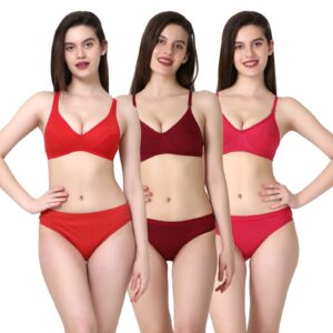 PACK OF 3 Women Cotton Full Coverage Non Padded Daily Use Bra & Pantie Lingerie Set for Women and Girls, Women Sexy Lingerie Set for Honymoon Sex Panty Set, Underwired Bridal Lace Bra and Panty Set, Swimwear Bikini Bra Panty Lingerie Set, (Red Maroon Pink)-DSBP001-P3_RED MAROON PINK