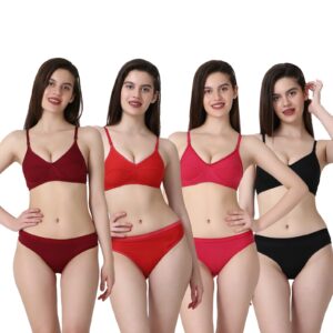 PACK OF 4 Women Cotton Full Coverage Non Padded Daily Use Bra & Pantie Lingerie Set for Women and Girls, Women Sexy Lingerie Set for Honymoon Sex Panty Set, Underwired Bridal Lace Bra and Panty Set, Swimwear Bikini Bra Panty Lingerie Set, (Maroon Red Pink Black)-DSBP001-P4_MAROON RED PINK BLACK