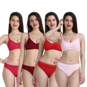 PACK OF 4 Women Cotton Full Coverage Non Padded Daily Use Bra & Pantie Lingerie Set for Women and Girls, Women Sexy Lingerie Set for Honymoon Sex Panty Set, Underwired Bridal Lace Bra and Panty Set, Swimwear Bikini Bra Panty Lingerie Set, (Pink Maroon Red Light-Pink)-DSBP001-P4_PINK MAROON RED L-PINK