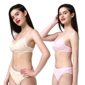 PACK OF 2 Women Cotton Daily use Printed Bra Panty Set Full Coverage Non Padded Printed Lingerie Set with Adjustable stap Bra Panty Set for Womens | Women Bra with Low West Panty Set | Women Lingerie Set Cotton | Bra Panty Set for Women Sexy Hot| Bra Panty Set (Beige Pink)-DSBP002-P2_BEIGE PINK-Printed
