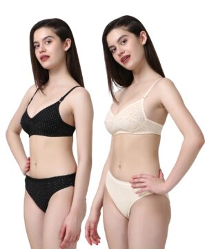 PACK OF 2 Women Cotton Daily use Printed Bra Panty Set Full Coverage Non Padded Printed Lingerie Set with Adjustable stap Bra Panty Set for Womens | Women Bra with Low West Panty Set | Women Lingerie Set Cotton | Bra Panty Set for Women Sexy Hot| Bra Panty Set (Black Beige)-DSBP002-P2_BLACK BEIGE-Printed