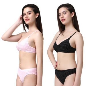 PACK OF 2 Women Cotton Daily use Printed Bra Panty Set Full Coverage Non Padded Printed Lingerie Set with Adjustable stap Bra Panty Set for Womens | Women Bra with Low West Panty Set | Women Lingerie Set Cotton | Bra Panty Set for Women Sexy Hot| Bra Panty Set (Pink Black)-DSBP002-P2_PINK BLACK-Printed