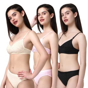PACK OF 3 Women Cotton Daily use Printed Bra Panty Set Full Coverage Non Padded Printed Lingerie Set with Adjustable stap Bra Panty Set for Womens | Women Bra with Low West Panty Set | Women Lingerie Set Cotton | Bra Panty Set for Women Sexy Hot| Bra Panty Set (Beige Pink Black)-DSBP002-P3_BEIGE PINK BLACK-Printed