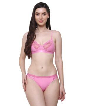 Women Cotton Half Net Non Padded Non Wired Low Coverage Bra & Panty Regular Lingerie Set | Half Net Bikini Set for Women for Beach| Lingerie for Women | Sexy Lingerie for Honeymoon | Sex Lingerie Set | Bra Panty Set for Women with Sexy (Pink)-DSBP003-P1_PINK
