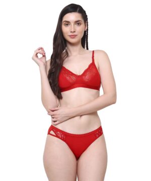 Women Cotton Half Net Non Padded Non Wired Low Coverage Bra & Panty Regular Lingerie Set | Half Net Bikini Set for Women for Beach| Lingerie for Women | Sexy Lingerie for Honeymoon | Sex Lingerie Set | Bra Panty Set for Women with Sexy (Red)-DSBP003-P1_RED
