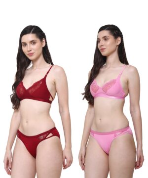 PACK OF 2 Women Cotton Half Net Non Padded Non Wired Low Coverage Bra & Panty Regular Lingerie Set | Half Net Bikini Set for Women for Beach| Lingerie for Women | Sexy Lingerie for Honeymoon | Sex Lingerie Set | Bra Panty Set for Women with Sexy (Maroon Pink)-DSBP003-P2_MAROON PINK