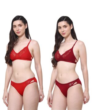 PACK OF 2 Women Cotton Half Net Non Padded Non Wired Low Coverage Bra & Panty Regular Lingerie Set | Half Net Bikini Set for Women for Beach| Lingerie for Women | Sexy Lingerie for Honeymoon | Sex Lingerie Set | Bra Panty Set for Women with Sexy (Red Maroon)-DSBP003-P2_RED MAROON