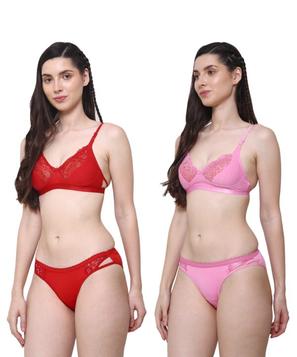 PACK OF 2 Women Cotton Half Net Non Padded Non Wired Low Coverage Bra & Panty Regular Lingerie Set | Half Net Bikini Set for Women for Beach| Lingerie for Women | Sexy Lingerie for Honeymoon | Sex Lingerie Set | Bra Panty Set for Women with Sexy (Red Pink)-DSBP003-P2_RED PINK
