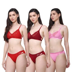PACK OF 3 Women Cotton Half Net Non Padded Non Wired Low Coverage Bra & Panty Regular Lingerie Set | Half Net Bikini Set for Women for Beach| Lingerie for Women | Sexy Lingerie for Honeymoon | Sex Lingerie Set | Bra Panty Set for Women with Sexy (Red Maroon Pink)-DSBP003-P3_RED MAROON PINK