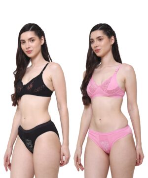 PACK OF 2 Women Cotton Half Net Non Padded Non Wired Low Coverage Bra & Panty Regular Lingerie Set | Half Net Bikini Set for Women for Beach| Lingerie for Women | Sexy Lingerie for Honeymoon | Sex Lingerie Set | Bra Panty Set for Women with Sexy (Black Pink)-DSBP004-P2_BLACK PINK  DB NT