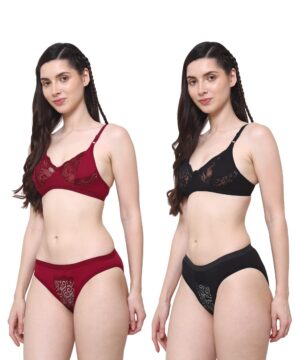 PACK OF 2 Women Cotton Half Net Non Padded Non Wired Low Coverage Bra & Panty Regular Lingerie Set | Half Net Bikini Set for Women for Beach| Lingerie for Women | Sexy Lingerie for Honeymoon | Sex Lingerie Set | Bra Panty Set for Women with Sexy (Maroon Black)-DSBP004-P2_MAROON BLACK  DB NT