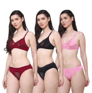 PACK OF 3 Women Cotton Half Net Non Padded Non Wired Low Coverage Bra & Panty Regular Lingerie Set | Half Net Bikini Set for Women for Beach| Lingerie for Women | Sexy Lingerie for Honeymoon | Sex Lingerie Set | Bra Panty Set for Women with Sexy (Maroon Black Pink)-DSBP004-P3_MAROON BLACK PINK  DB NT