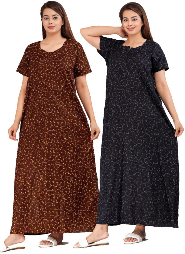 Cotton Nighty for Women || Long Length Printed Nighty/Maxi/Night Gown/Night Dress/Nightwear Inner & Sleepwear for Women's (Combo Pack of 2) (DSMF048-Nighty (P2)Blue Maroon)