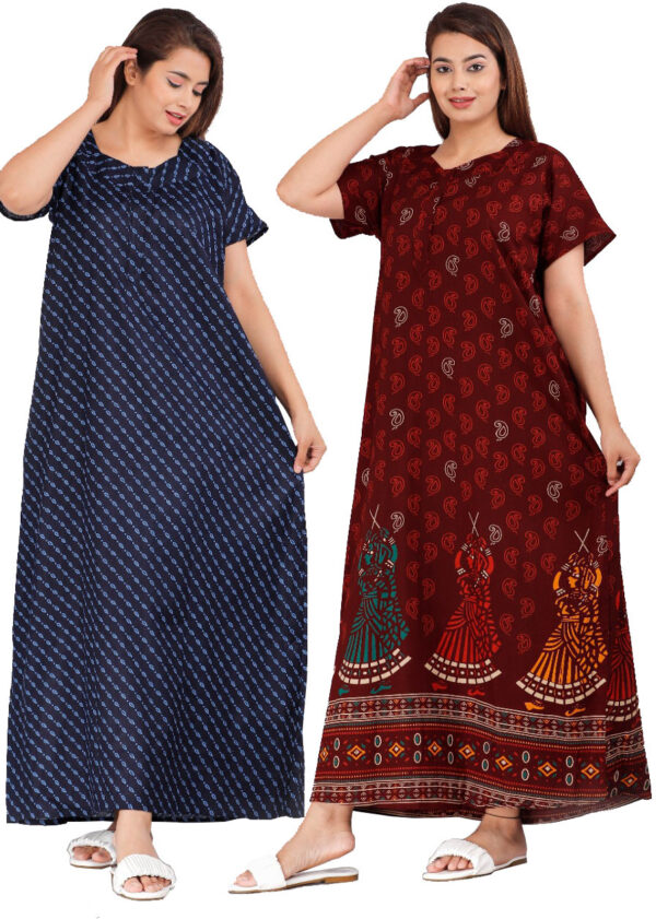 Cotton Nighty for Women || Long Length Printed Nighty/Maxi/Night Gown/Night Dress/Nightwear Inner & Sleepwear for Women's (Combo Pack of 2) (DSMF049-Nighty (P2)Brown Black)