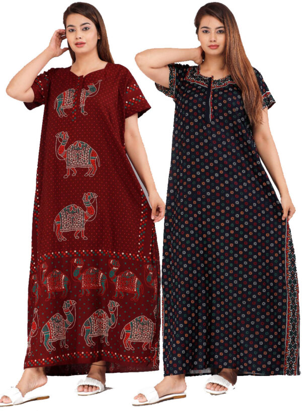 Cotton Nighty for Women || Long Length Printed Nighty/Maxi/Night Gown/Night Dress/Nightwear Inner & Sleepwear for Women's (Combo Pack of 2) (DSMF050-Nighty (P2)Blue Maroon)